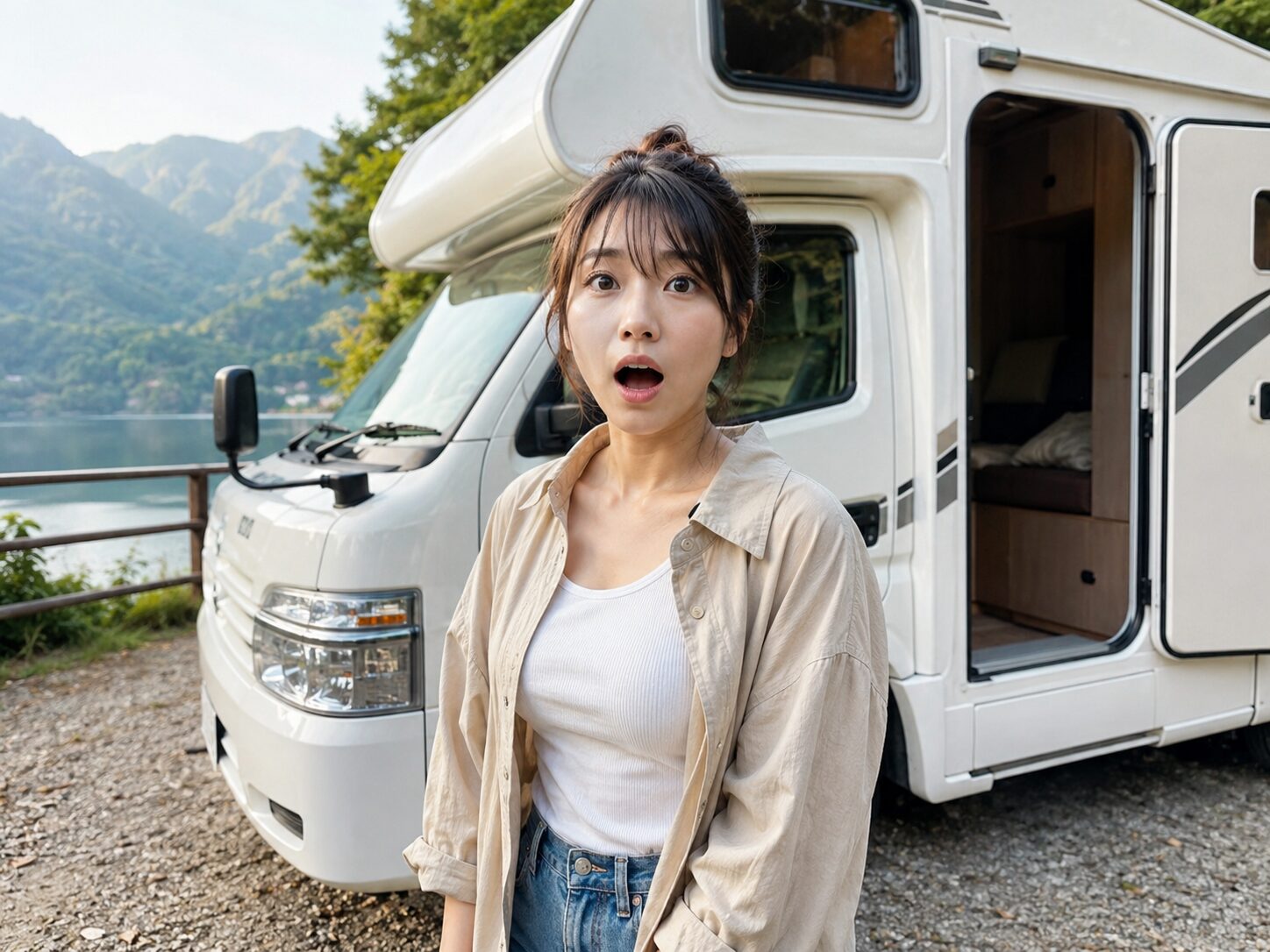 キャンピングカーの前で驚く女性