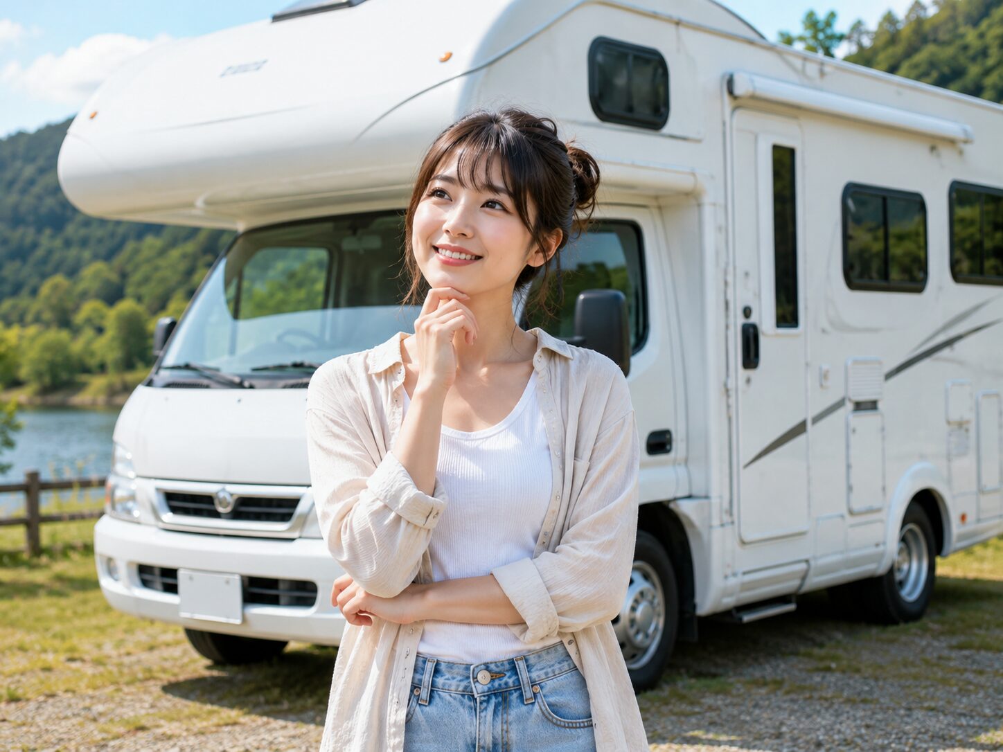 キャンピングカーの前で笑顔の女性