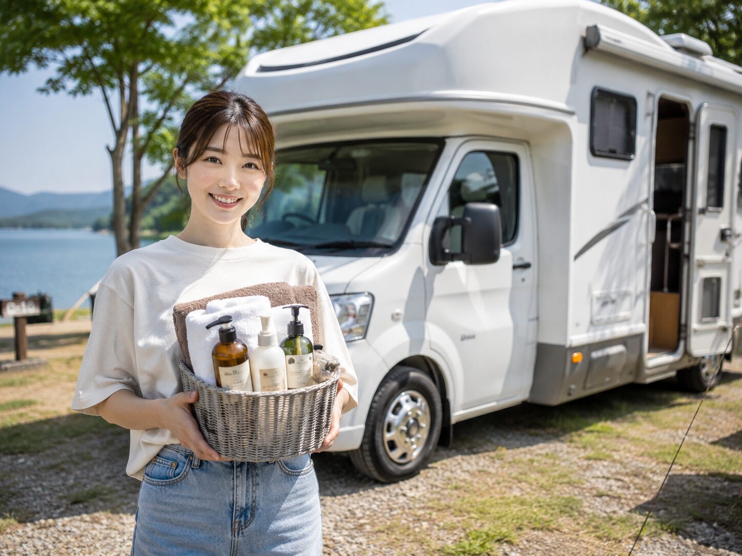 キャンピングカーの前で笑顔の女性