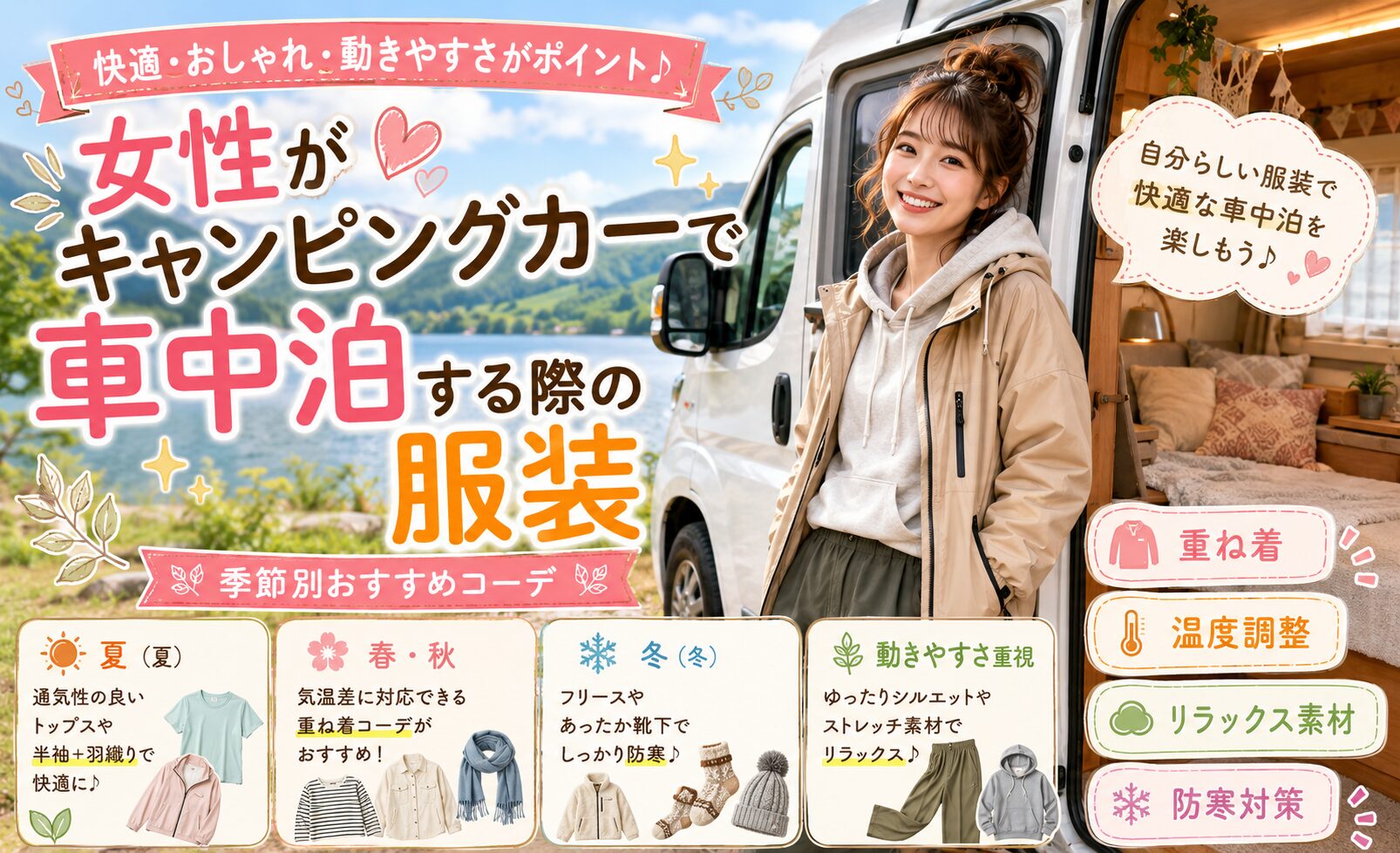 女性がキャンピングカーで車中泊する際の服装
