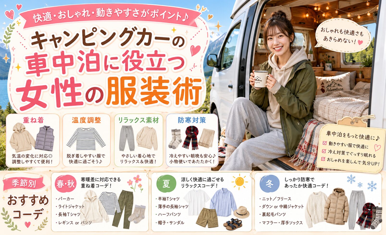 キャンピングカーの車中泊に役立つ女性の服装術
