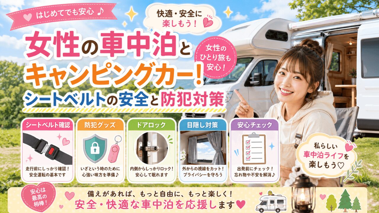 女性の車中泊とキャンピングカー！シートベルトの安全と防犯対策