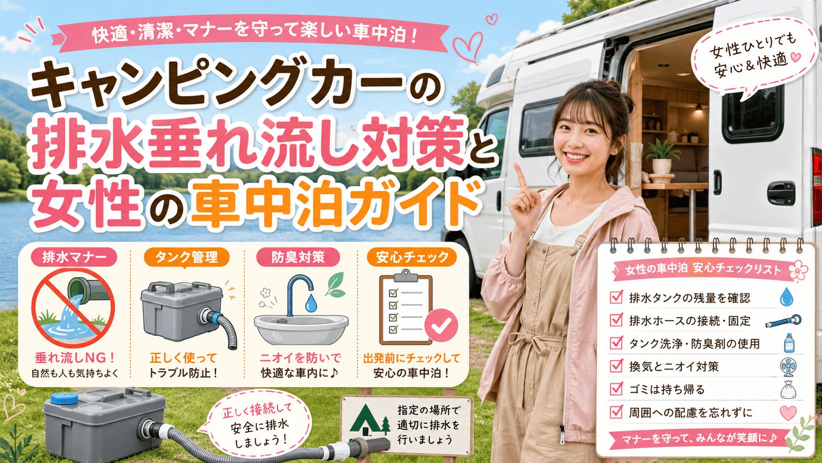 キャンピングカーの排水垂れ流し対策と女性の車中泊ガイド
