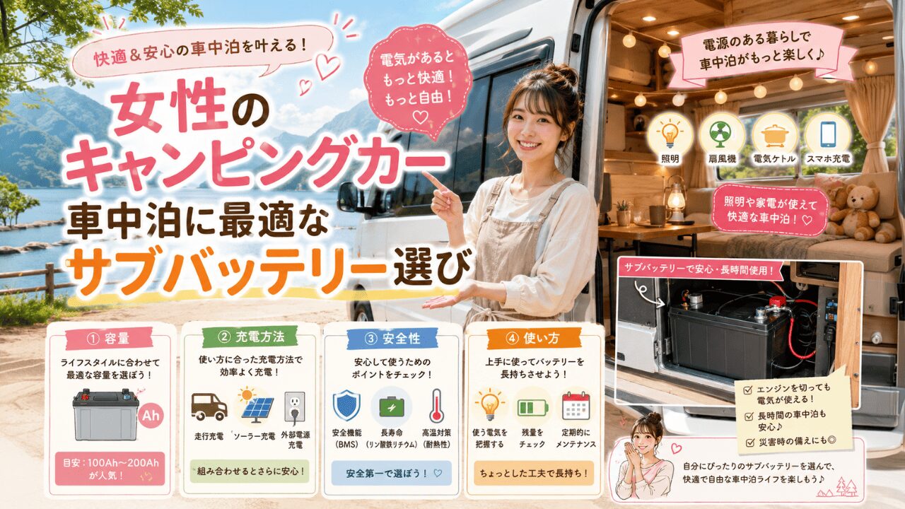 女性のキャンピングカー車中泊に最適なサブバッテリー選び