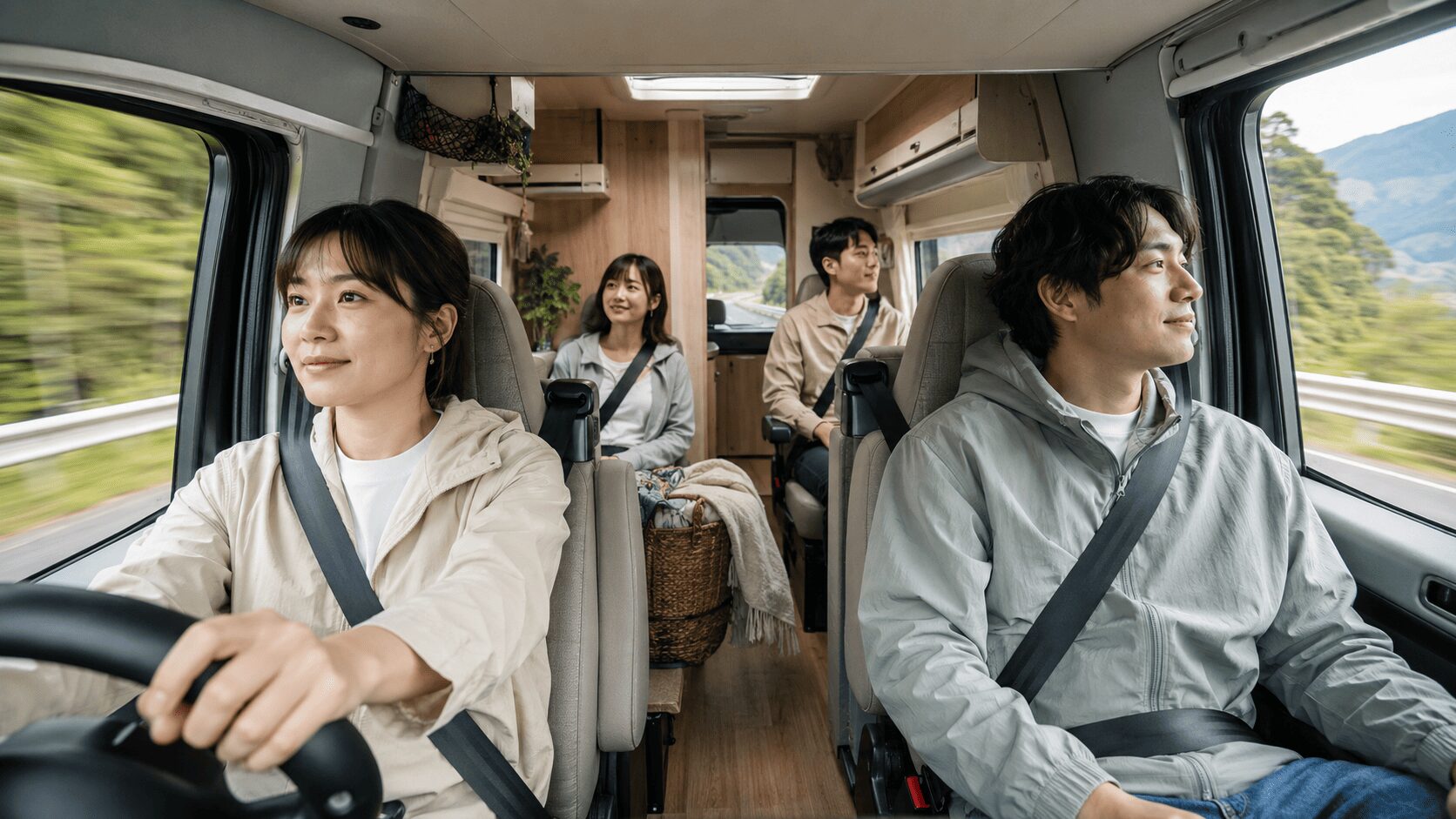 日本の高速道路を走行中のキャンピングカー（キャブコン）運転席で、3点式シートベルトを正しく着用し、笑顔で後部座席の乗員（シートベルト着用済み）を確認する日本人女性。専門知識と信頼性を伝えるリアルな車内写真。