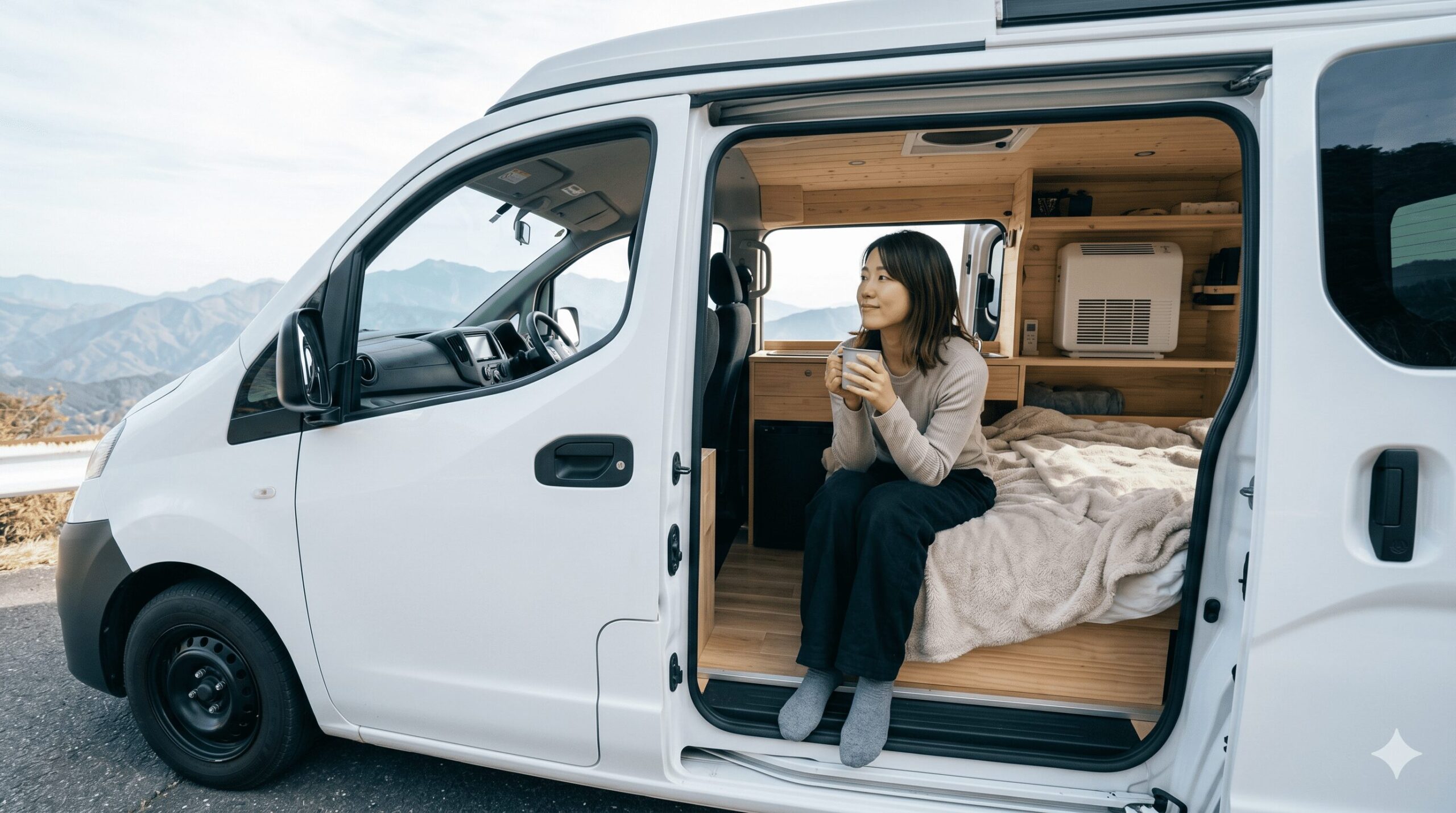 コンパクトな日産NV200バネットベースのキャンピングカー（バンコン）内で、山並みを眺めながらくつろぐ日本人女性。運転しやすいサイズと快適な居住空間を両立。
