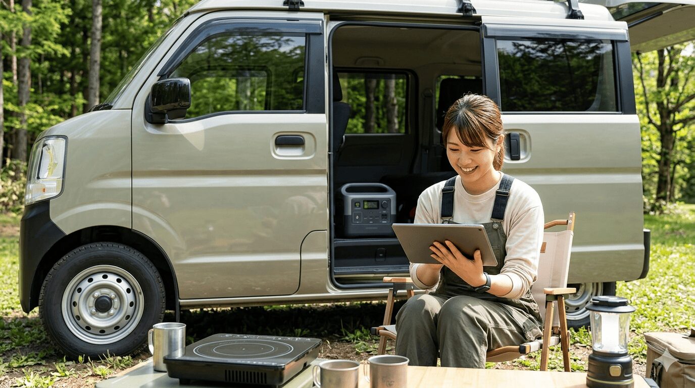 キャンピングカーの横で笑顔でタブレットを見る日本人女性（CHISATOのイメージ）。女性の車中泊とサブバッテリー活用を象徴する一枚
