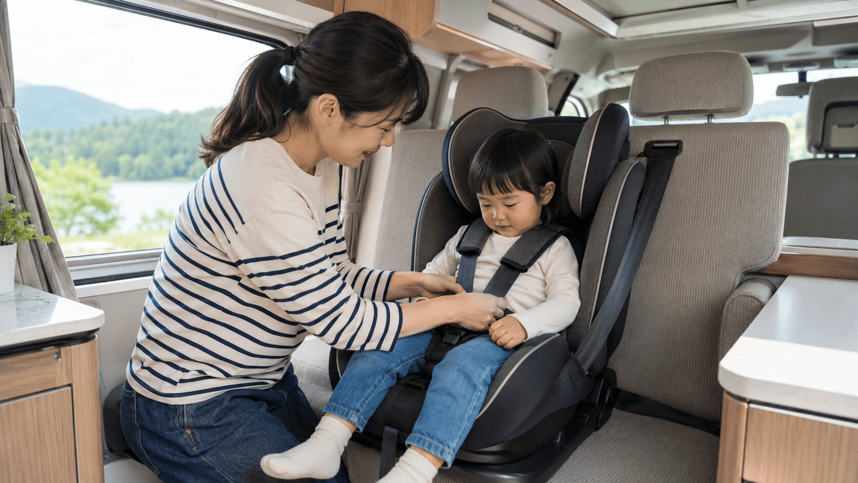 日本メーカーのキャンピングカー（バンコン）後部座席（FASPシート）で、3点式シートベルトを使用して子供用安全シートを真剣な表情で固定する日本人女性。専門的な設置手順と安全性を伝える。