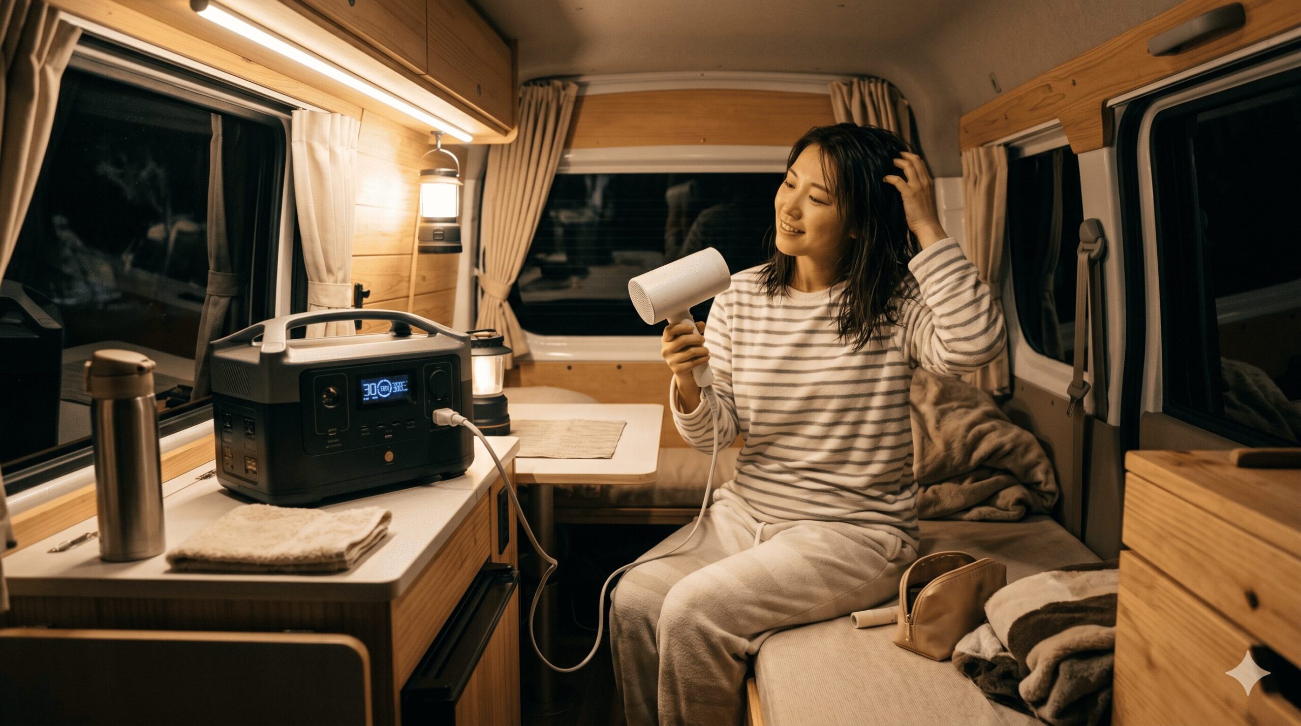 夜間のキャンピングカー車内で、ポータブル電源に繋いだヘアドライヤーを使って髪を乾かす日本人女性