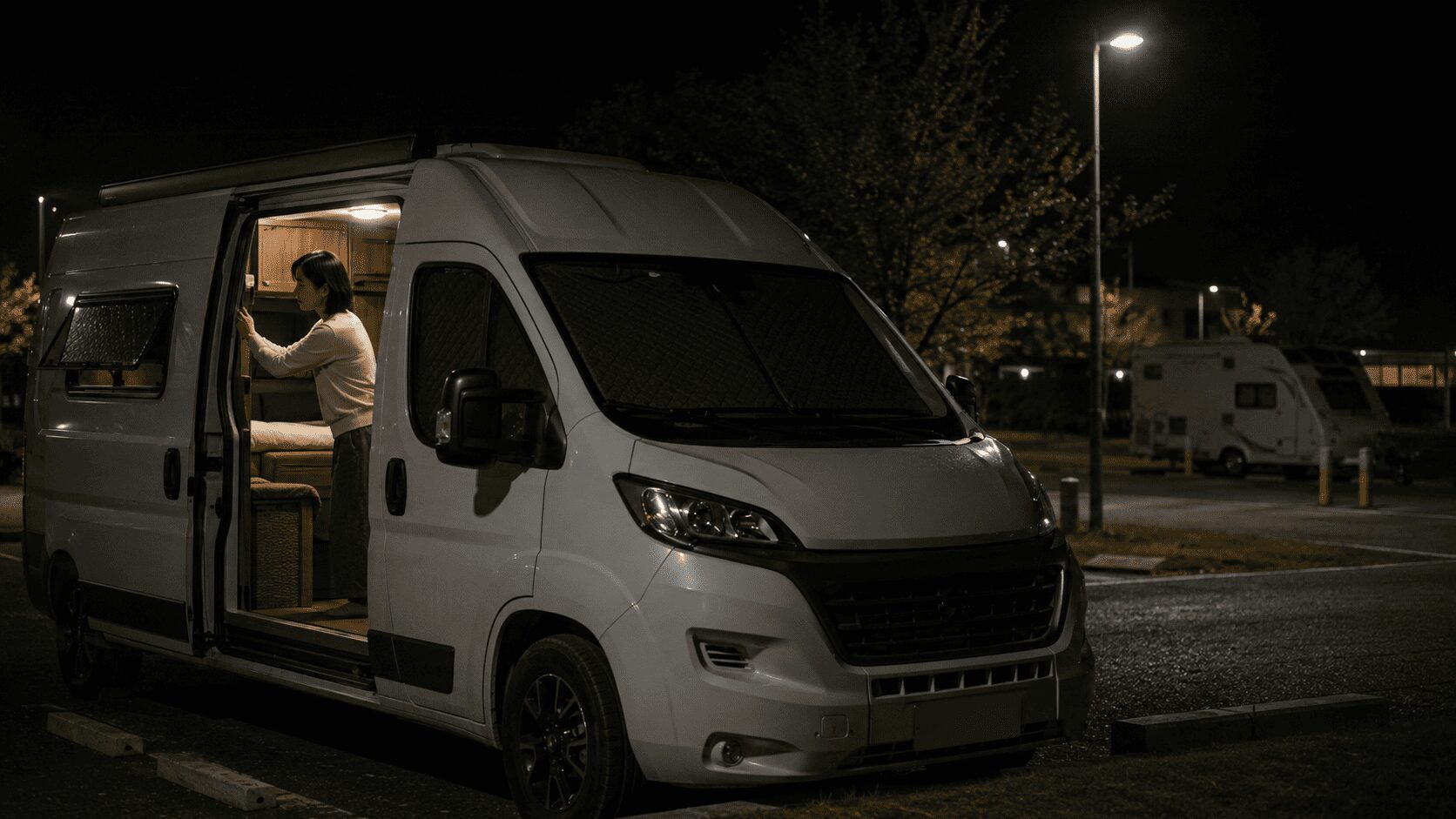 夕暮れ時、管理が行き届き、街灯や管理棟が近くにある日本のRVパーク（またはオートキャンプ場）の指定区画に、前向き駐車（緊急退避動線確保）された日本の軽キャンパー。ソロキャンパーの女性がポータブル電源を調整している。安全な駐車環境と防犯意識を伝える。