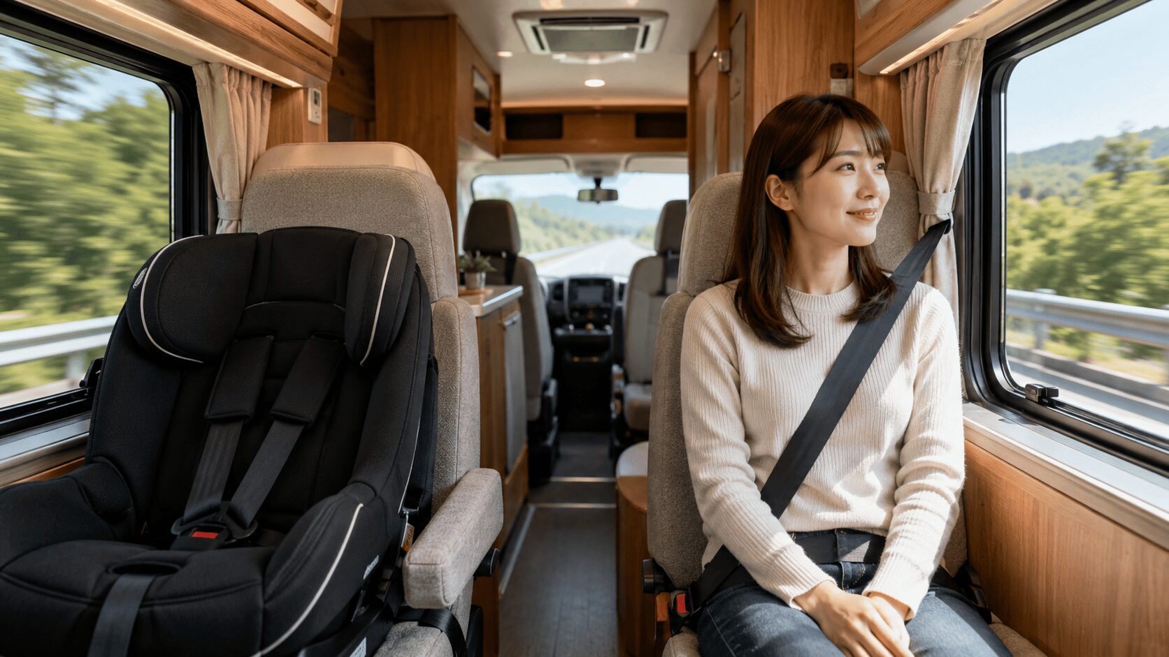 日本人女性がキャンピングカーの後部座席でシートベルトを正しく着用する安全対策イメージ