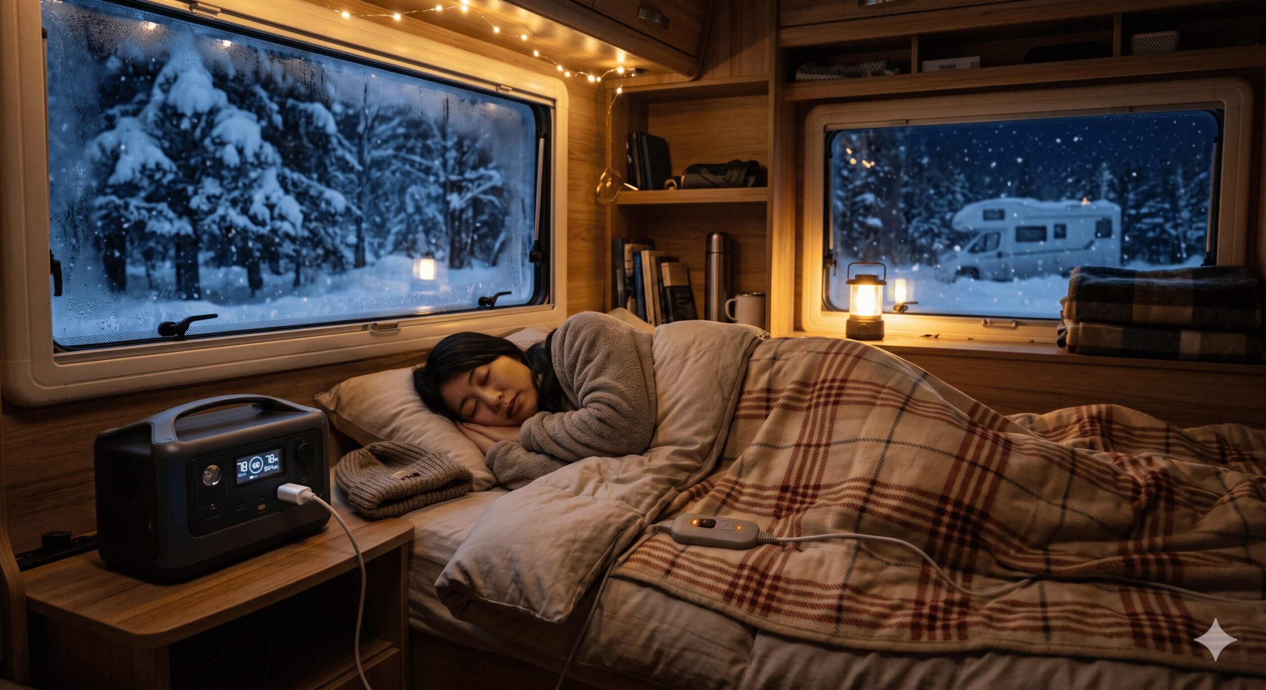 冬の夜、キャンピングカーの車内で、ポータブル電源に繋いだ電気毛布を使い、暖かく眠る日本人女性。窓の外は雪景色