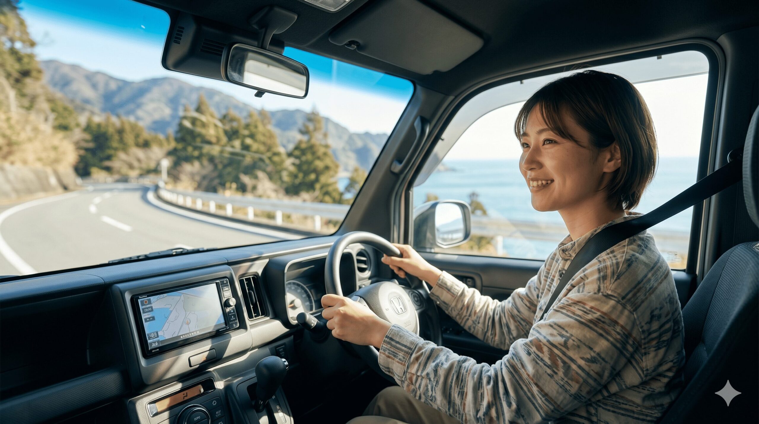 日本の美しい海岸沿いの公道を、リラックスした表情で自信を持って運転する日本人女性（ソロキャンパー）。車両は運転しやすい日本の軽キャンパー（軽バンベース）。女性でも安全に運転できる推奨車種の経験を伝える。
