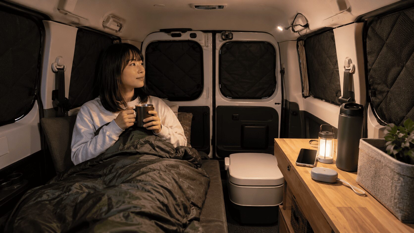女性のソロ車中泊でカーテンと施錠を徹底したキャンピングカー防犯対策イメージ