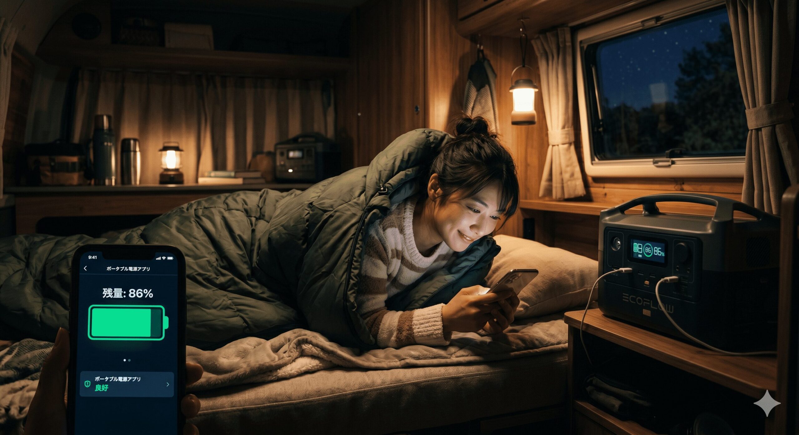 夜間のキャンピングカー車内で、寝袋に入ったままスマホアプリでポータブル電源の残量を確認する日本人女性。安堵した表情