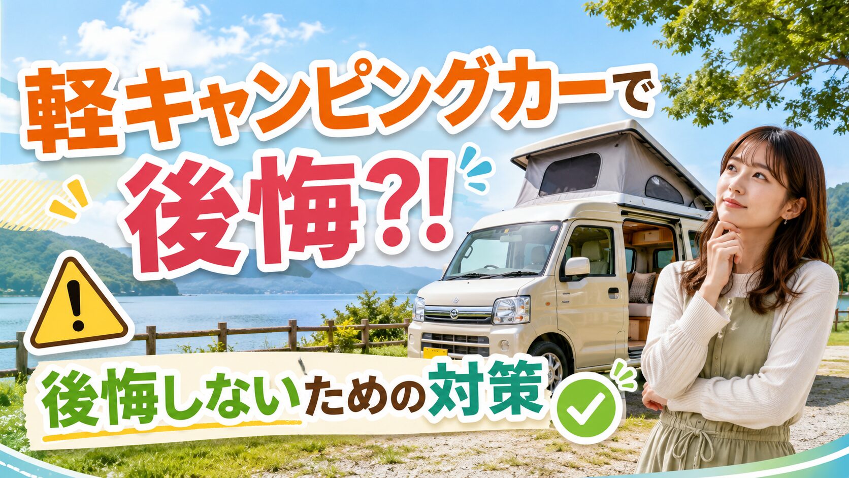 軽キャンピングカーで後悔しないための対策を解説する、20代女性と軽キャンピングカーのブログ用サムネイル画像