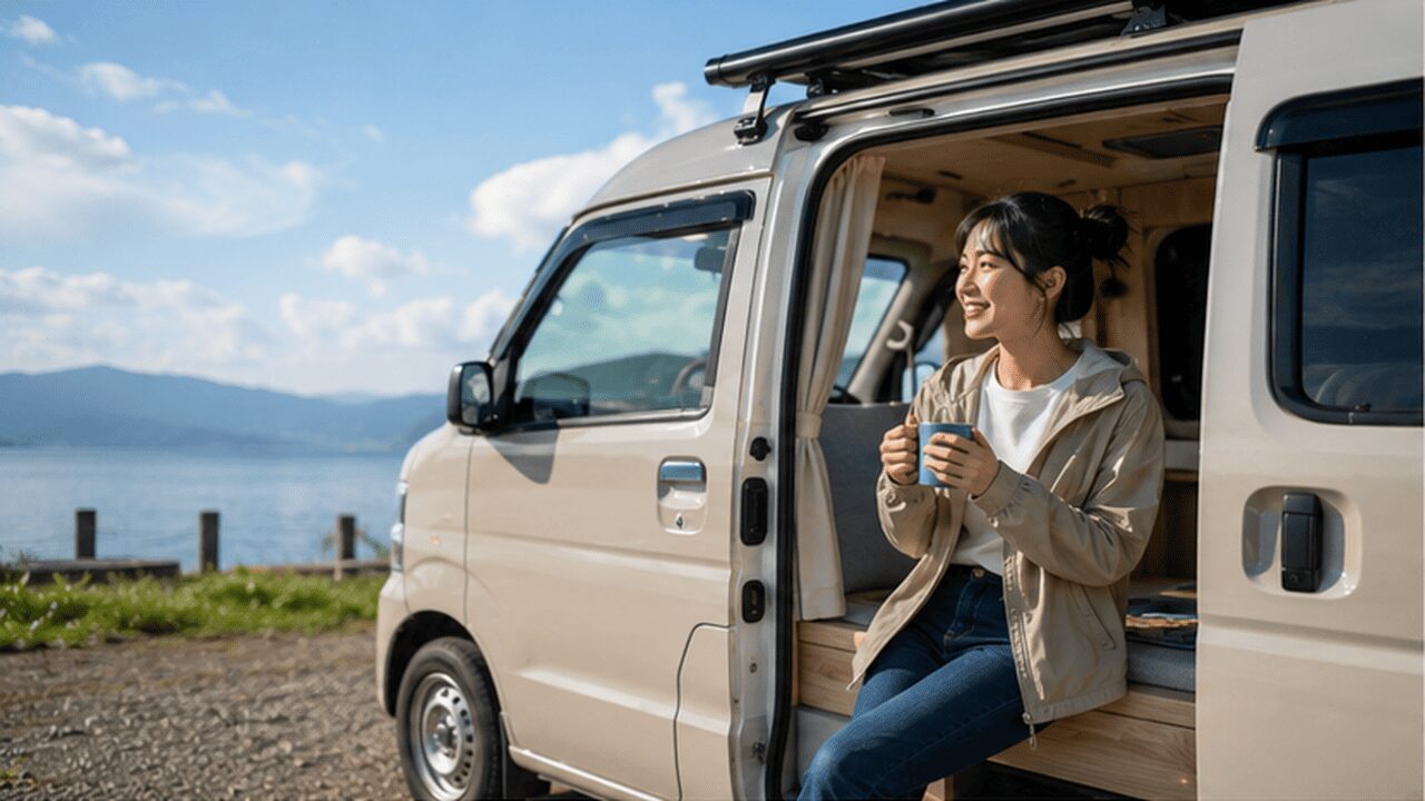 女性が湖畔の軽キャンピングカーで車中泊を楽しむ様子