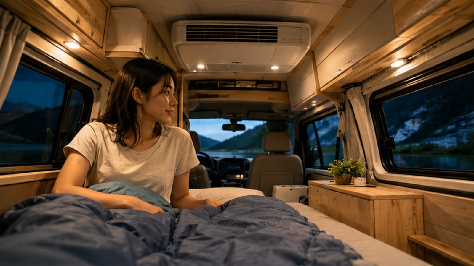  夏の夜にエアコンで涼しく過ごすキャンピングカー車内と日本人女性
