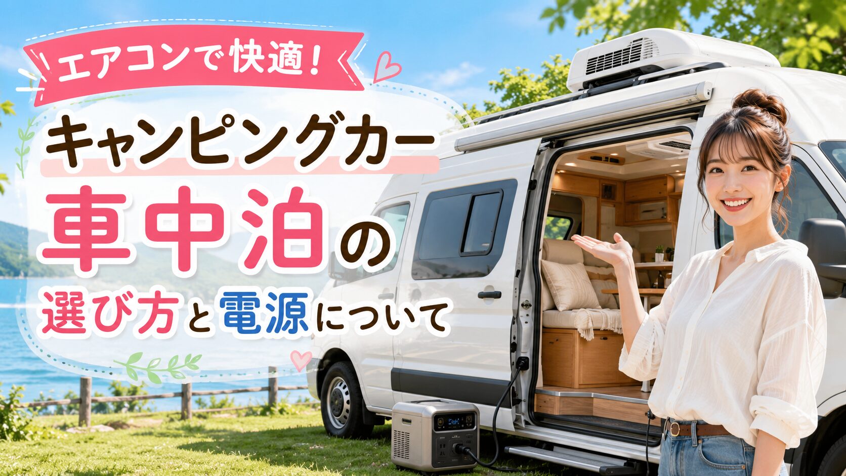 エアコン付きキャンピングカーの横で20代女性が案内し、車中泊に適した車両の選び方と電源のポイントを紹介するブログ用サムネイル画像
