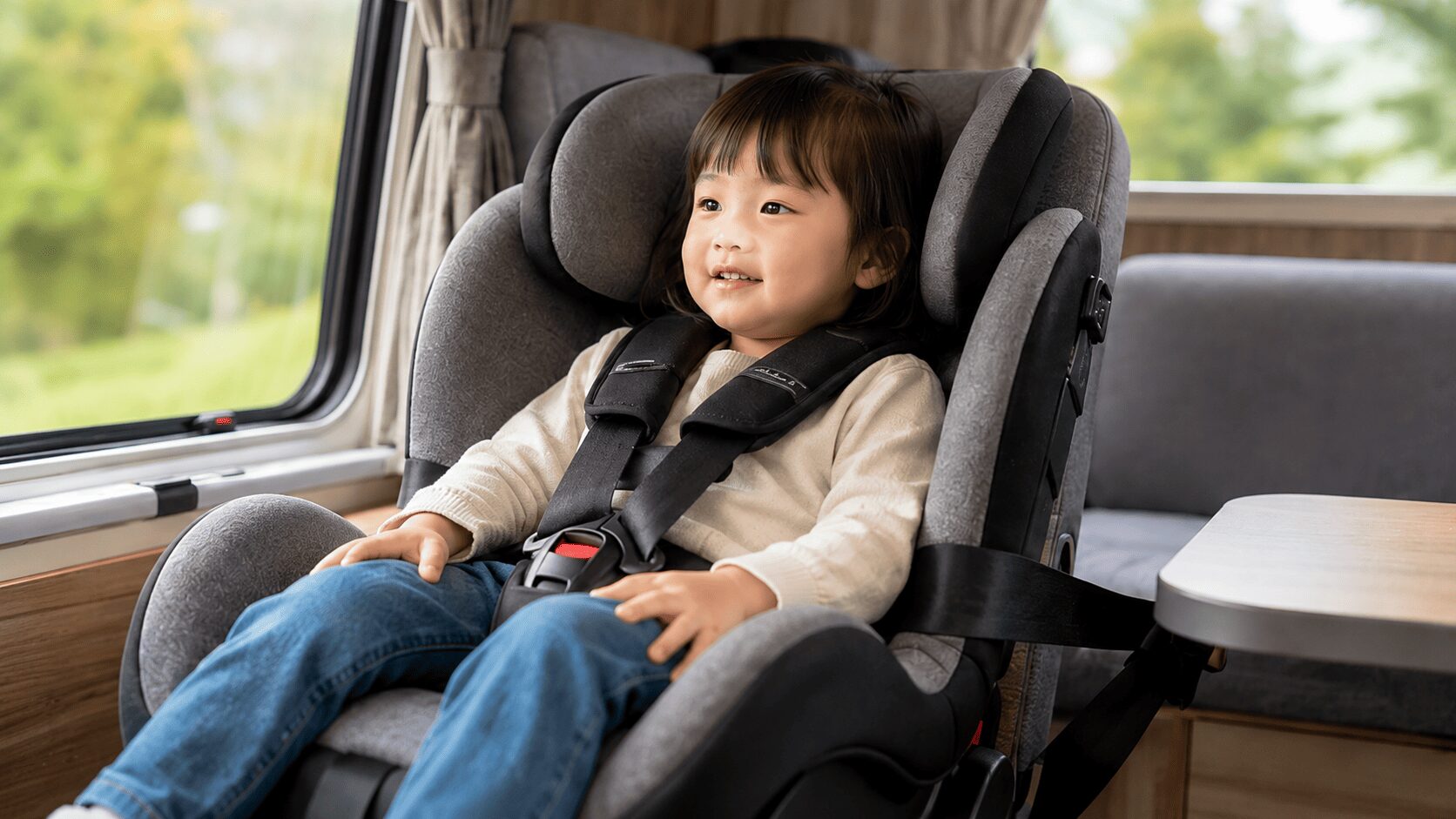 キャンピングカーの後部座席にチャイルドシートを設置し子供が安全に座っている様子