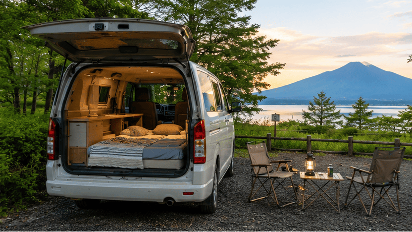湖と山を望むキャンプ場で車中泊を楽しむバンコンタイプのキャンピングカー