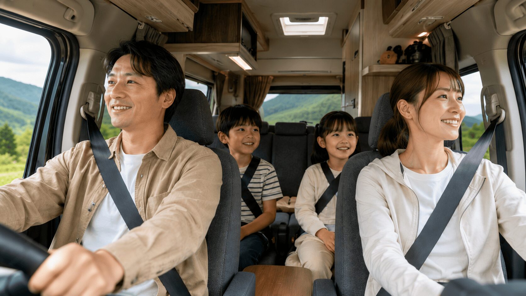 キャンピングカーの車内で家族全員がシートベルトを着用し、安全に移動している様子