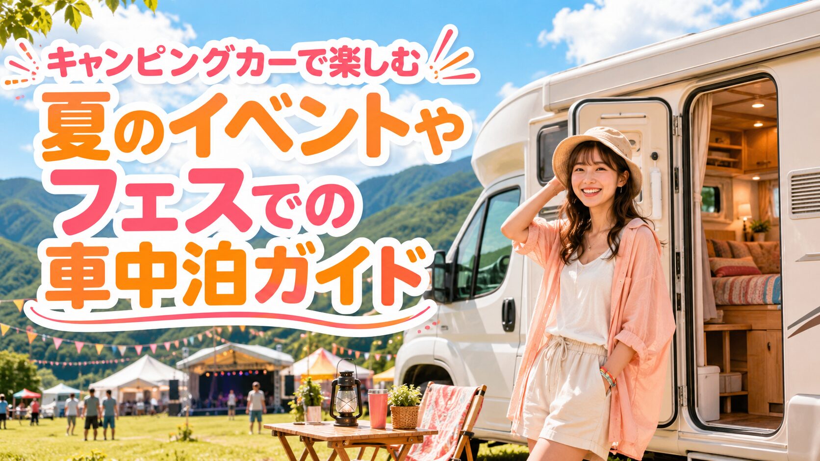 夏のイベント会場でキャンピングカーの前に立つ20代女性を描き、フェスでの車中泊の楽しみ方を紹介するブログ用サムネイル画像