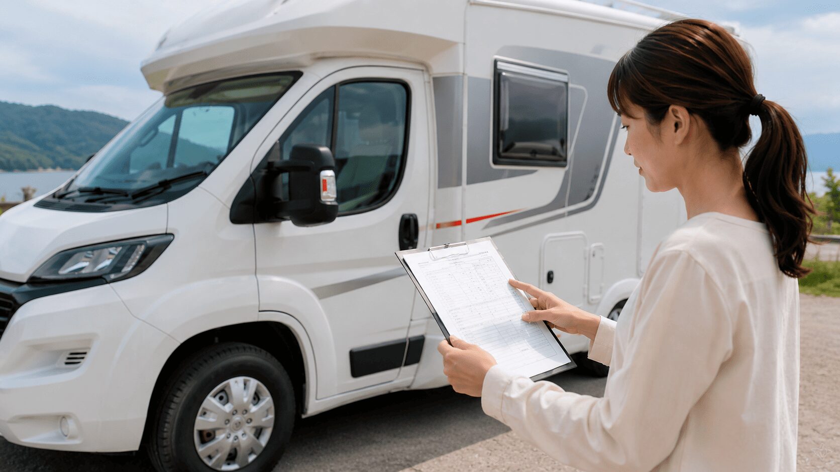 キャンピングカーの前で女性が書類を確認し車両総重量や定員をチェックしている様子