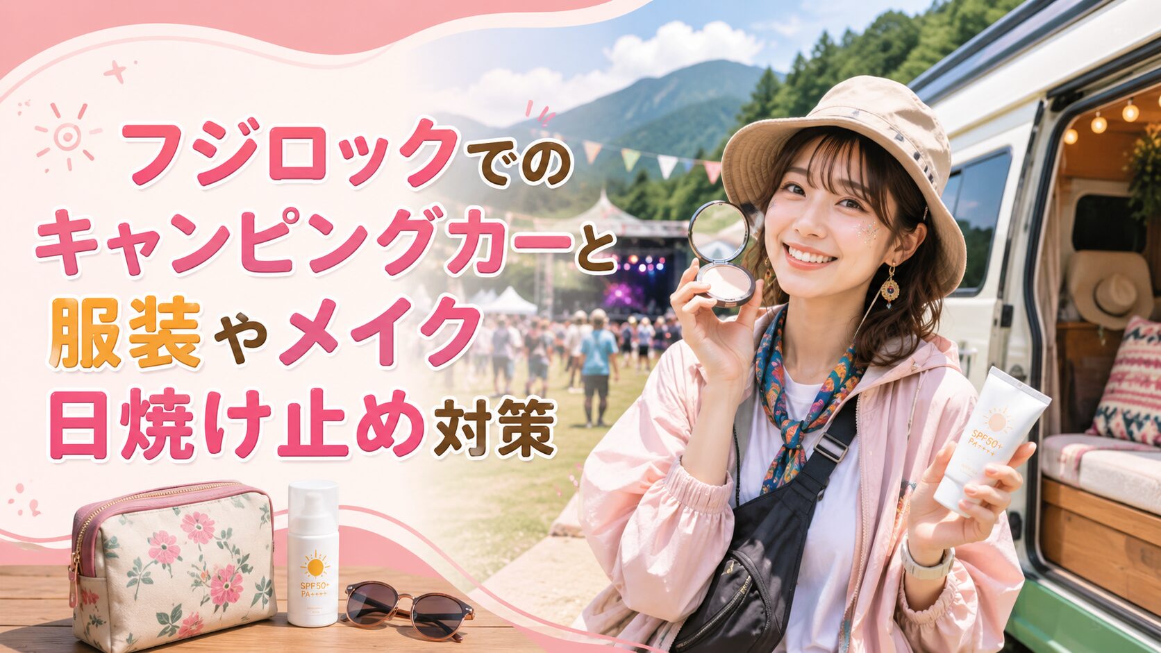 フジロック会場近くのキャンピングカー前で、20代女性が帽子・メイク用品・日焼け止めを使いながら、服装や紫外線対策を紹介するブログ用サムネイル画像