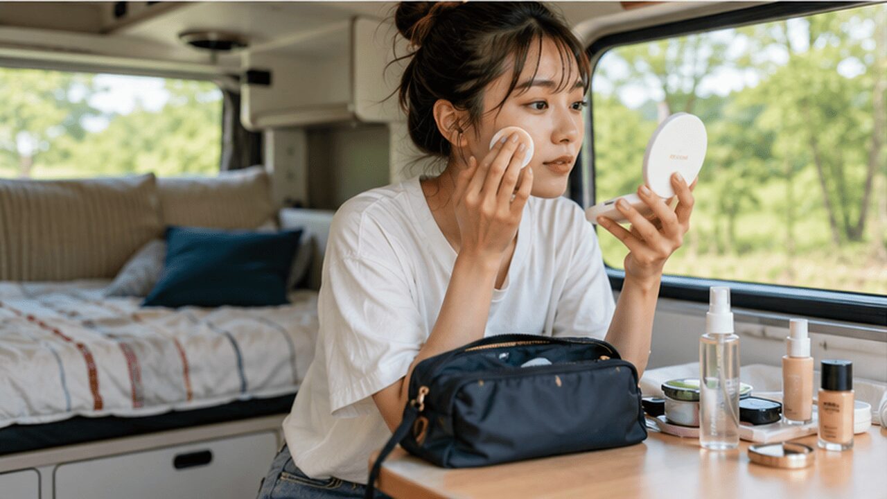 キャンピングカー車内でフェス前に崩れにくいベースメイクを整える女性