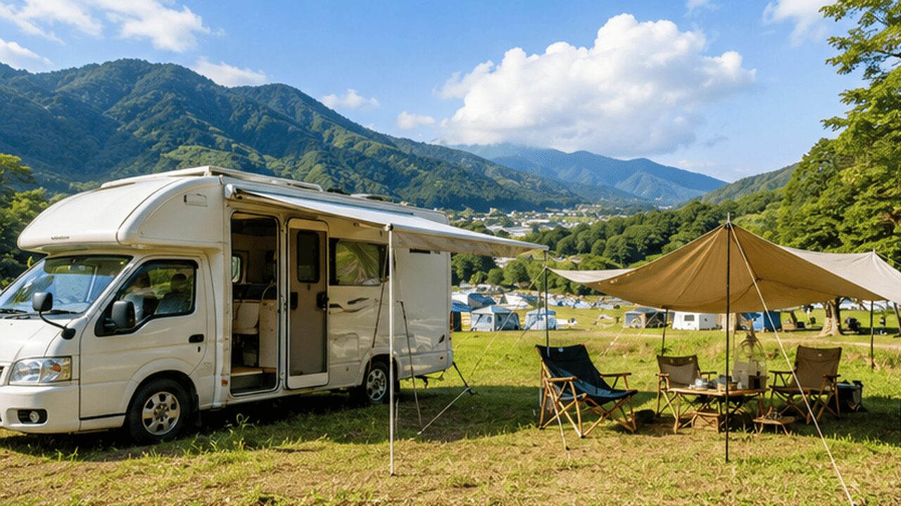 フジロック会場近くの山間キャンプサイトに停まるキャンピングカーとタープ設営風景