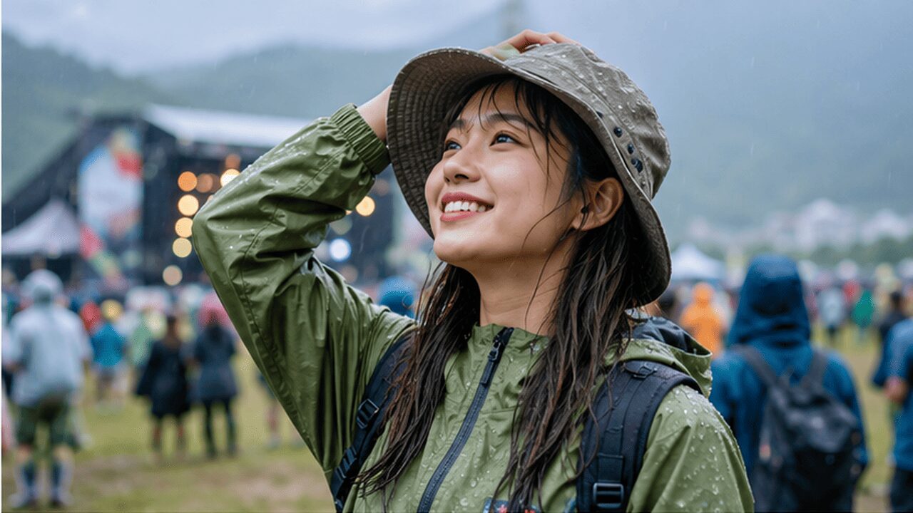 雨のフジロック会場でレインウェアとハットを着用して楽しむ女性の服装スタイル