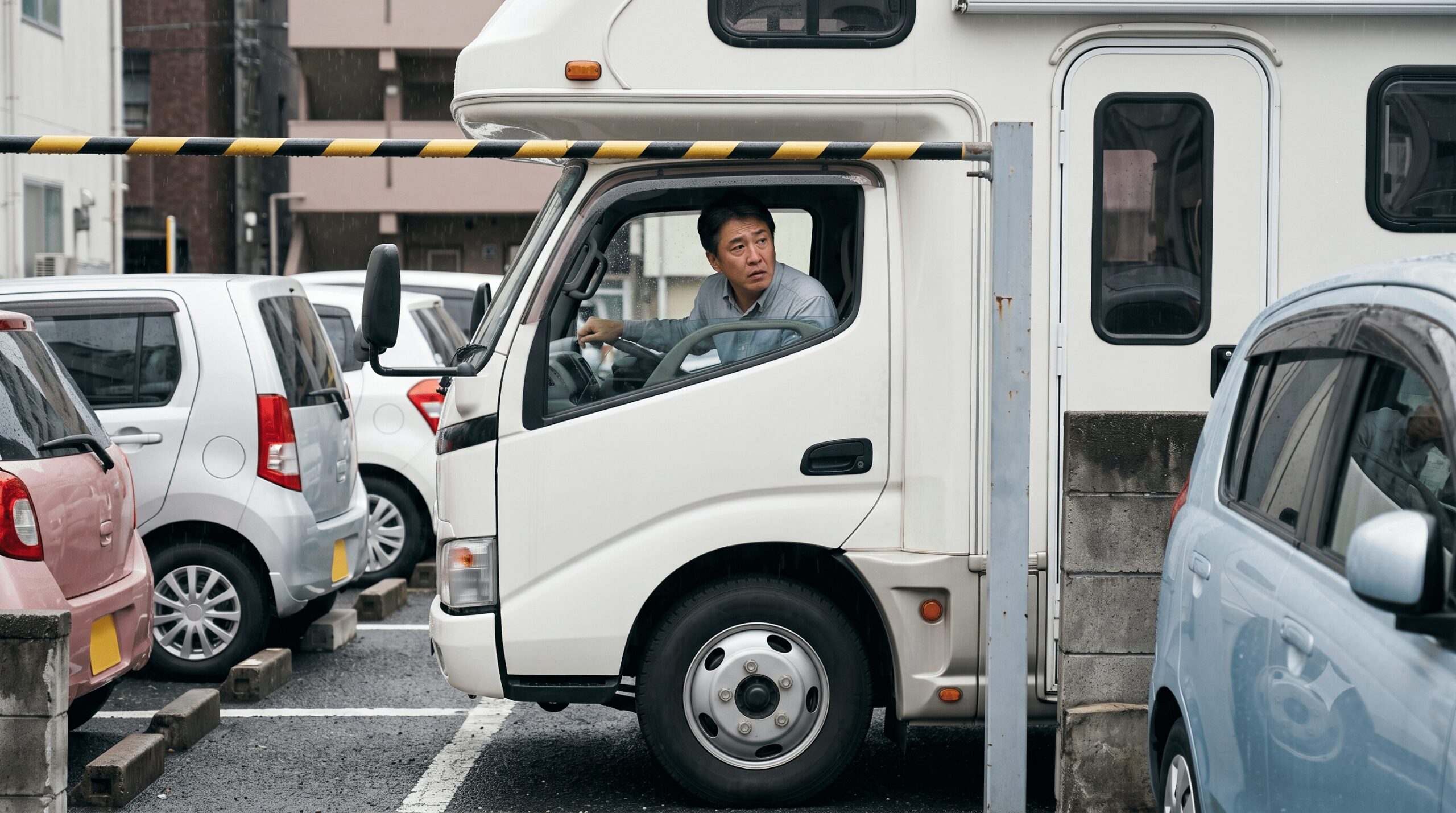 日本の狭い都市部コインパーキングで、雨の中、慎重にバック駐車をする中年日本人男性運転手と、彼が運転する大型のマイクロバスベースのキャンピングカー（バスコン）。