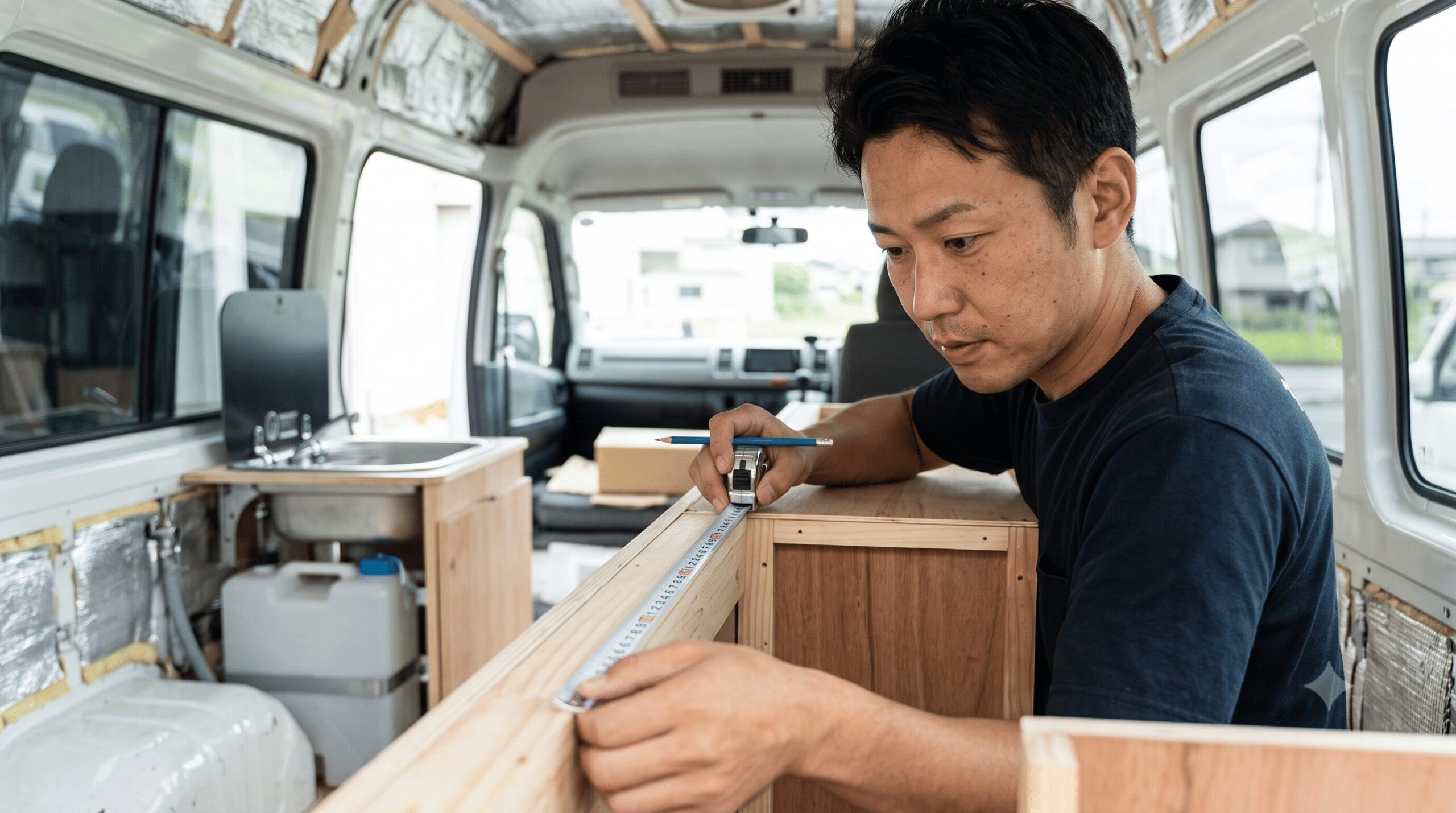 キャンピングカー（バスコン）に改造中のマイクロバス内部で、スケルトン状態の車内にキッチンキャビネットを製作するため、真剣な表情で寸法を測る若い日本人男性DIY愛好家。