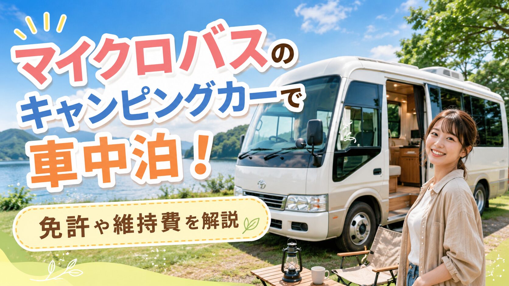 マイクロバスのキャンピングカーで車中泊を楽しむ20代女性と、免許や維持費のポイントを紹介するブログ用サムネイル画像