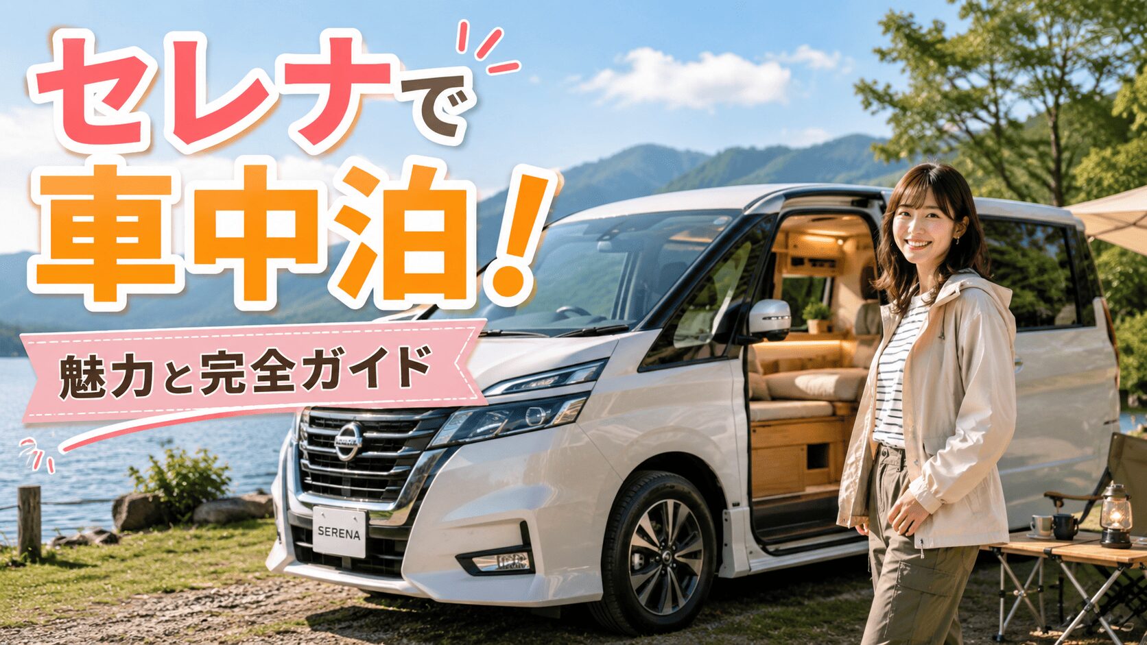 セレナのキャンピングカー仕様で車中泊を楽しむ20代女性を描いた、魅力と完全ガイドを紹介するブログ用サムネイル画像