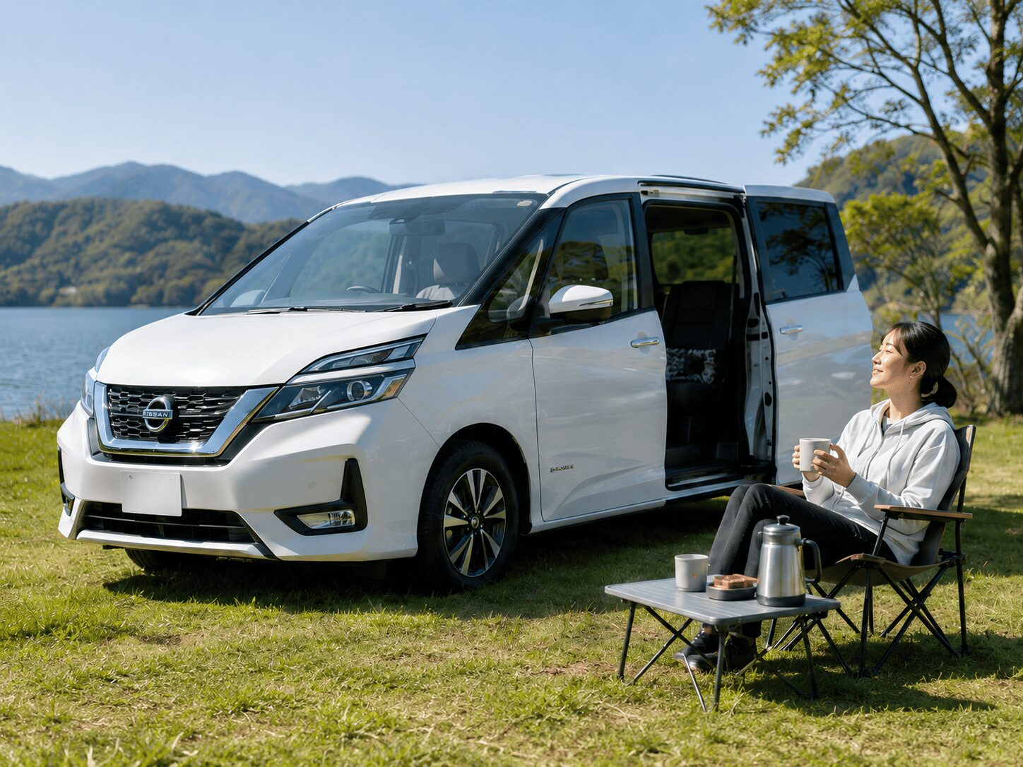 湖畔で白いセレナを停め、日本人女性が車中泊キャンプを楽しむ様子