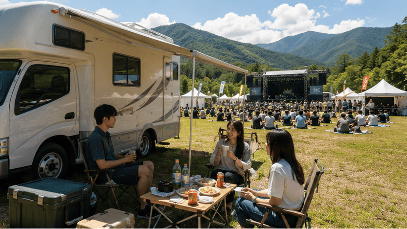 夏の野外音楽フェス会場でキャンピングカーの横に座り食事を楽しむ日本人グループ